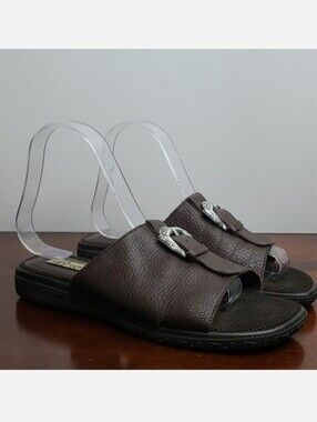 Brighton Brown Vicky Leather Silver Buckle Slip-on Sandals sz 7 Women's